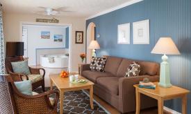 The living area with whirlpool alcove, at Beach Cottage, a beach vacation rental available through the St. Francis Inn in St. Augustine.
