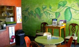 The welcoming interior of Creative Juices Natural Cafe in St. Augustine.