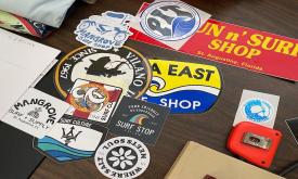 Surf sticker collection at the Surf Culture and History Museum in St. Augustine, FL