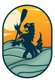 The logo for River Lion Excursions features a stylizied lion with a paddle on an image of sea and sunset