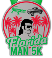 Florida Man 5K race medal logo featuring a Florida man with a mullet in front of red palm trees