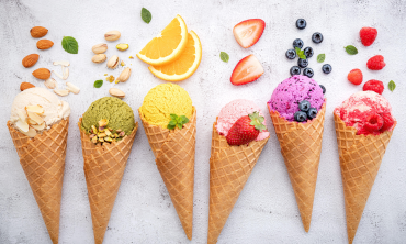 Ice cream with different flavors is placed on display. 