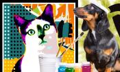 A dachshund poses as an artist creating a groovy painting of a cat — to promote the 2023 Pin Up Paws Calendar.