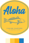 The logo for Aloha Fishing Charters shows a fish and their name in blue against a yellow background