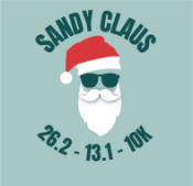 Sandy Claus logo featuring a Santa's beard, hat, and a pair of sunglasses