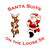 Santa suits on the Loose 5K logo featuring Santa and Rudolph wearing race bibs