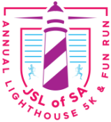Lightouse 5k and Fun Run logo featuring a purple and white lighthouse between two runners