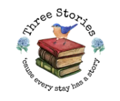 The logo for Three Stories Inn with a stack of books topped by a bluebird
