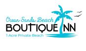 The logo for Ocean Sands Beach Inn has aqua lettering, a palm tree, and flying birds