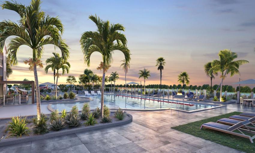 The pool deck for the Camellia Apartments in St. Johns County at sunset