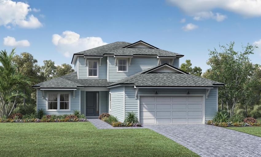 One of the home styles available at Grand Oaks has a garage, two stories and a hip roof