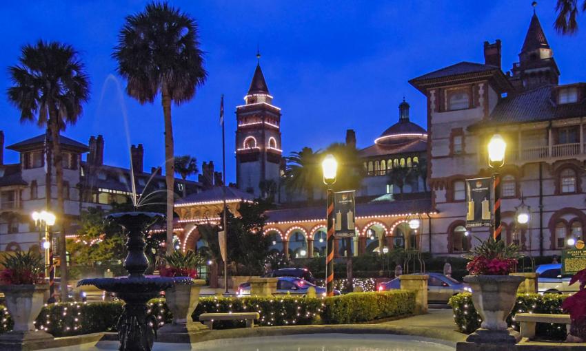 Historic buildings are illuminated with millions of tiny white lights during St. Augustine's Nights of Lights.