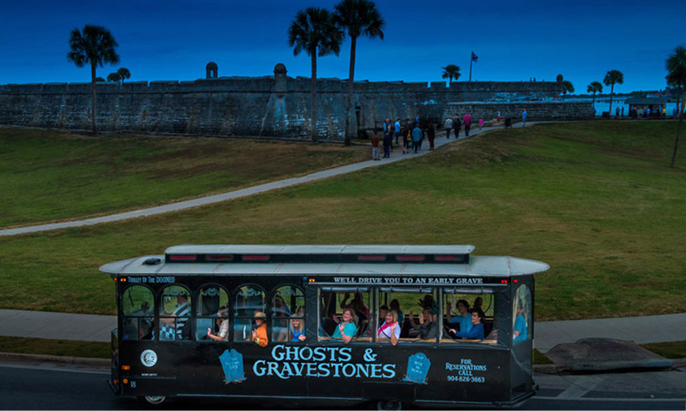 The Ghosts & Gravestones trolley takes guest through St. Augustine's historic district.